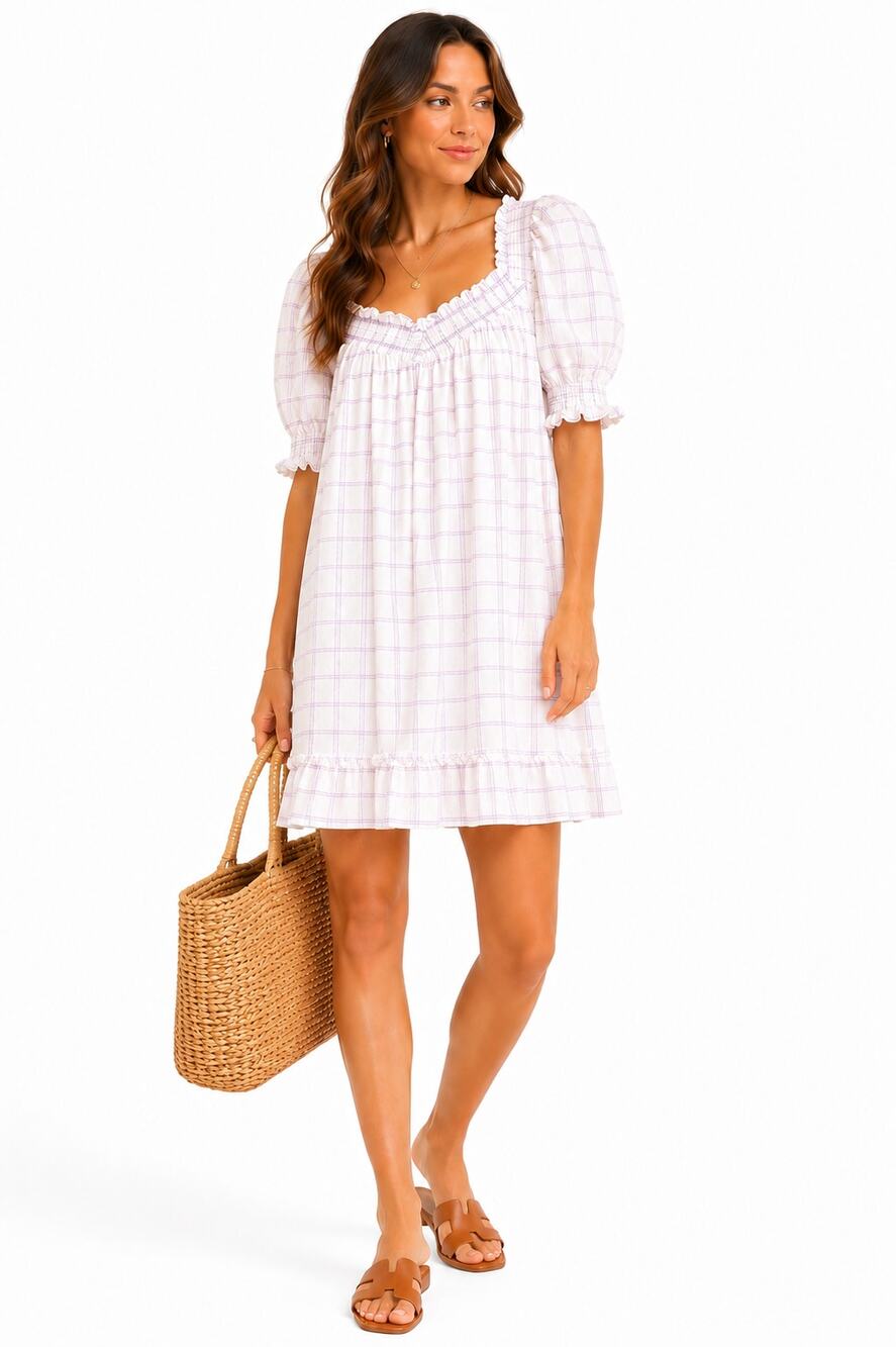& Other Stories White Purple Plaid Smocked Puff Sleeve Babydoll Dress Small